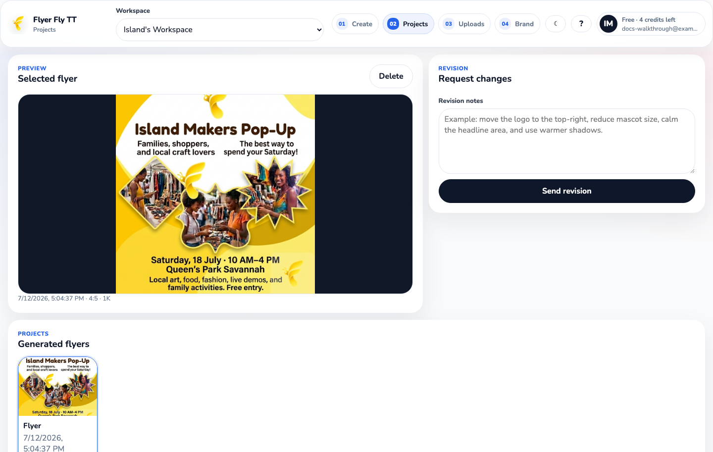 The Projects page showing the finished Island Makers Pop-Up poster, a revision box, and its project card.